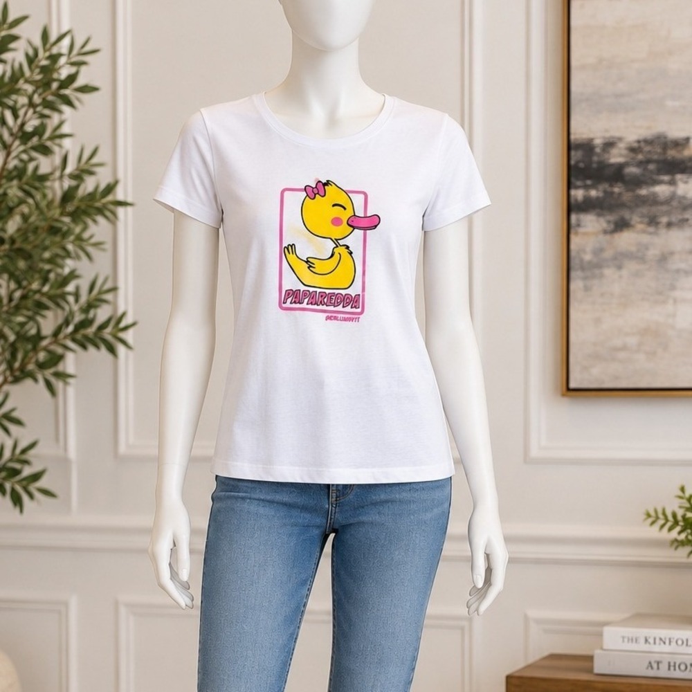 Siculamente Womens T-Shirt White Duck Graphic Paparedda Organic Cotton Small